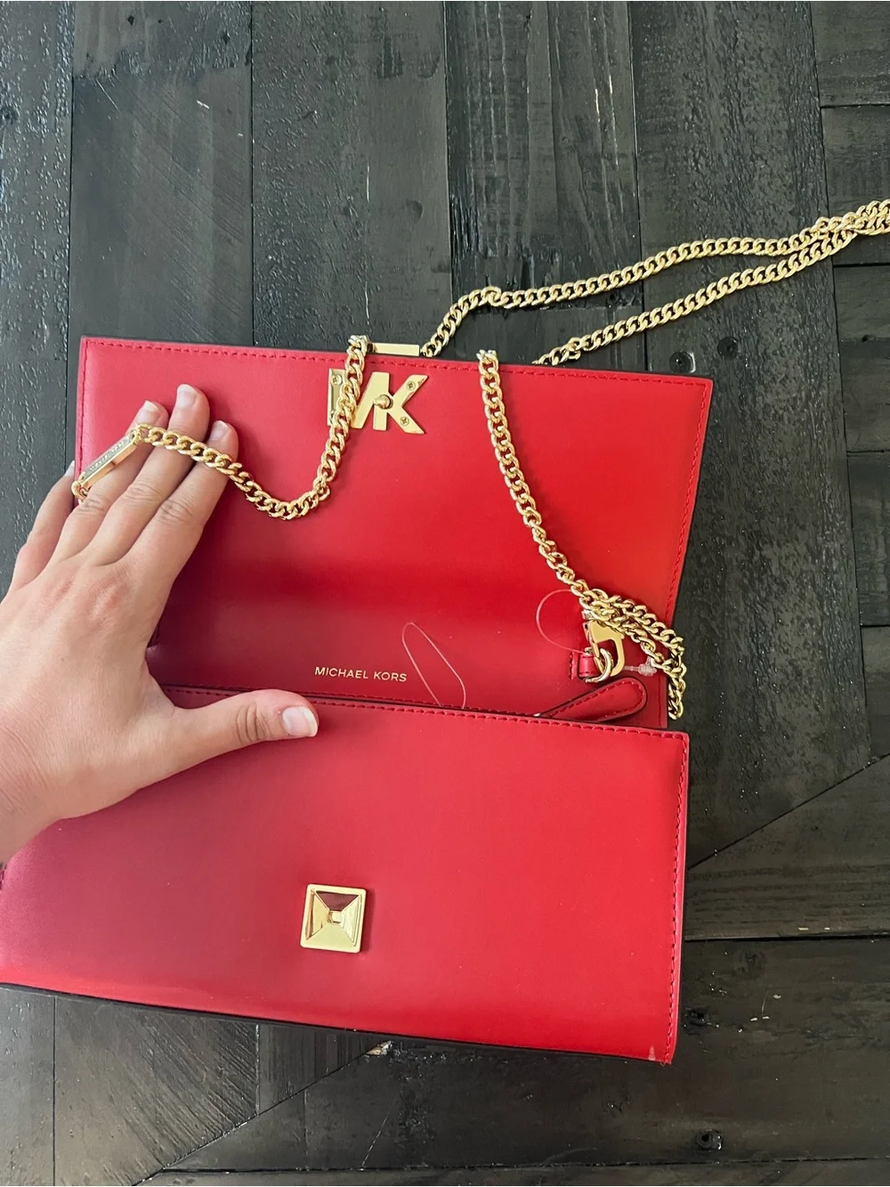 Michael Kors Red Leather MK Logo Clutch Wallet Crossbody Bag